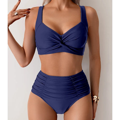 Elegant Solid Swimsuit Women Sexy Slim Pleated High Waist Bikini Split Bathing Suit 2025 New Simple Classic Beachwear Swimwear