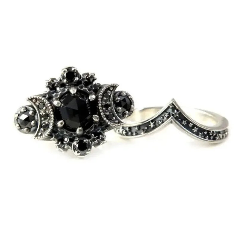New Gothic Universe Moon Ring Set for Women Vintage Creative Pentagram Black Party Vacation Jewelry Best Halloween Gifts