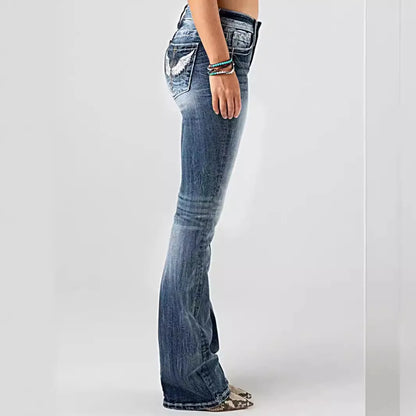 Women Embroidery Pockets Distressed Jeans Mid Waist Stretch Slim Fit Pants Vintage Denim Trousers Autumn Female Streetwear