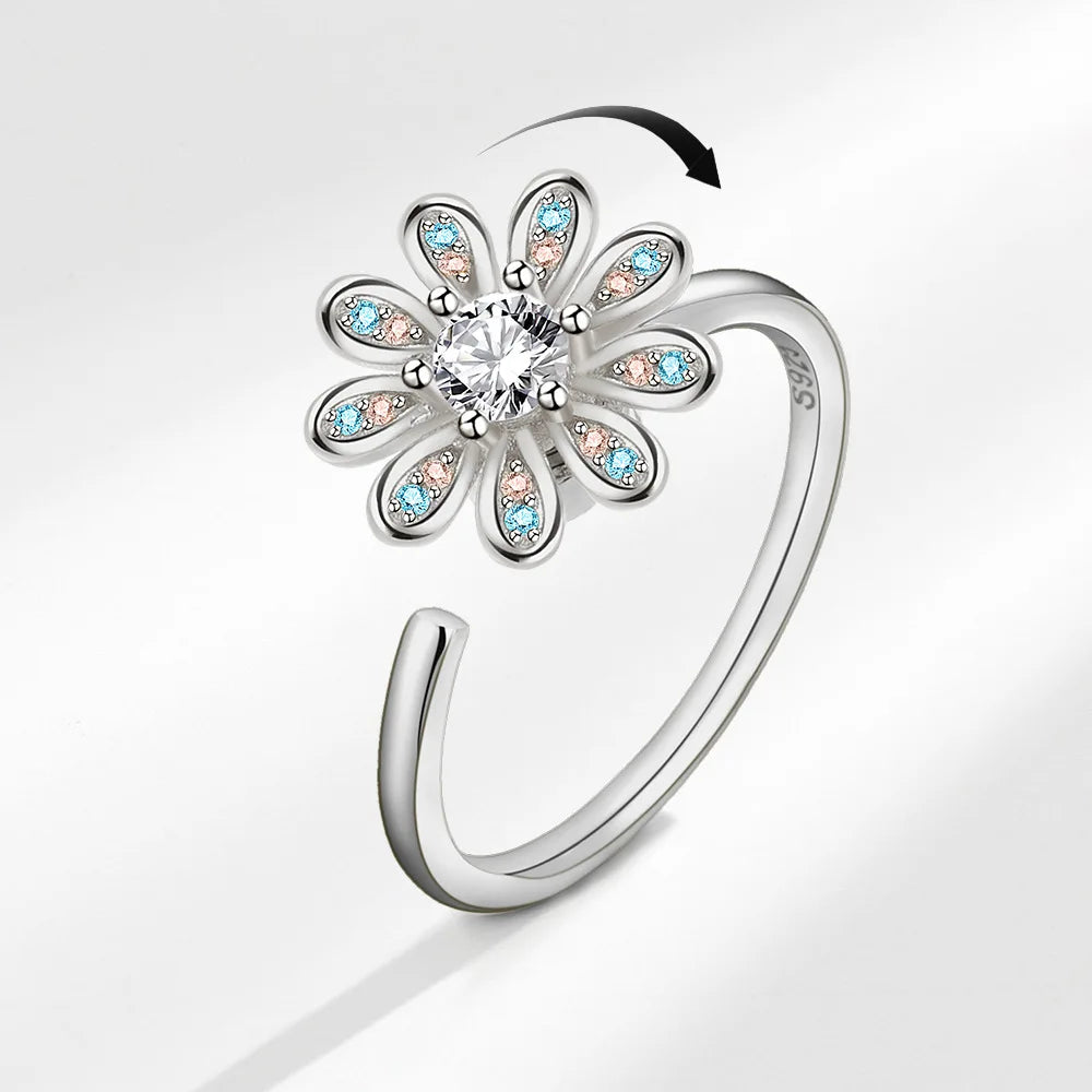 VENTFILLE 925 Sterling Silver Sunflower Diamond Zircon Rotatable Ring For Women Gift Relieve Stress Ring Jewelry Wholesale