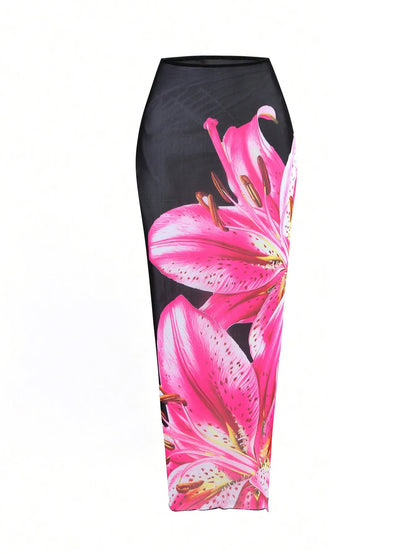 New Flower Print Bikini Set Women's High Waist Long Skirt 3 Piece Swimsuit Sexy Mini Triangle Backless Thong Bathing Suit