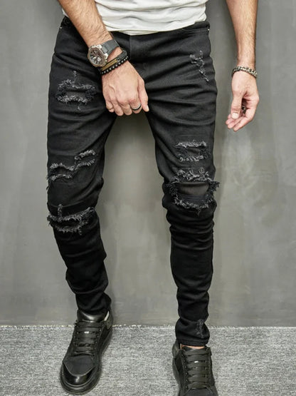 Men Long Pant Denim Pants Jeans Straight Trousers Sheath Slim Fit Pockets Casual Regular High Waist Splice Autumn Winter