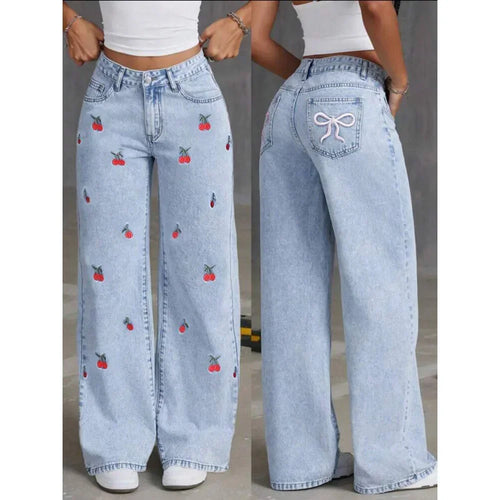 Denim Wide Leg Pants Women Jeans Embroidery High Waist Distressed Washed Pockets Vintage Floor Length Trousers 2025 Streetwear