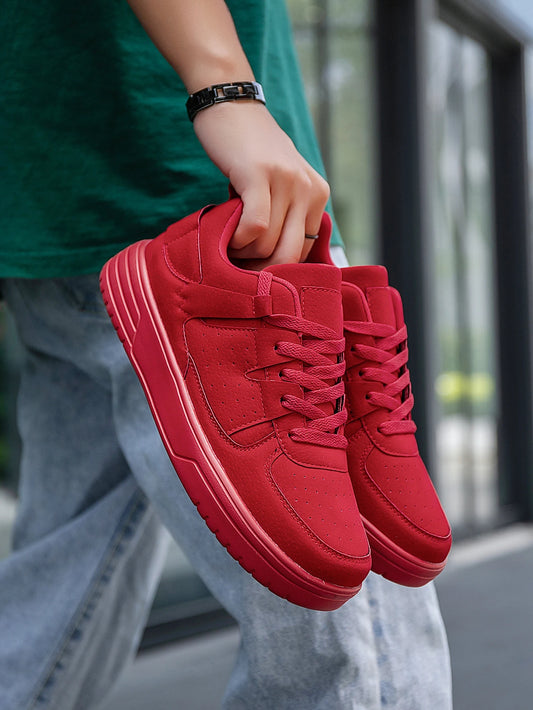 (One Size Smaller) Men's Trendyy Simple Style Red Walking Front Strap Skate Shoes, High Water Platform Comfortable Daily Youth School Shoes Outdoor Couple's Casual Sports Shoes
