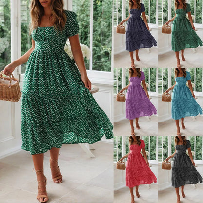 Sexy Square Collar Short Puff Sleeve Chiffon Floral Print Boho Party Dress Summer Women Beachwear Sand Vestidos