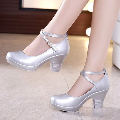 7cm Small Size 32-43 Gladiator Pumps Women Genuine Leather Shoes 2025 Med Block Heels Platform Shoes for Office Model Dance Mom