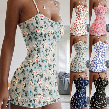 Plus Size Dresses Summer New Print Backless Slip Dress Women's Sexy Slim Floral Dress Mini Dresses Package Buttocks Short Skirt