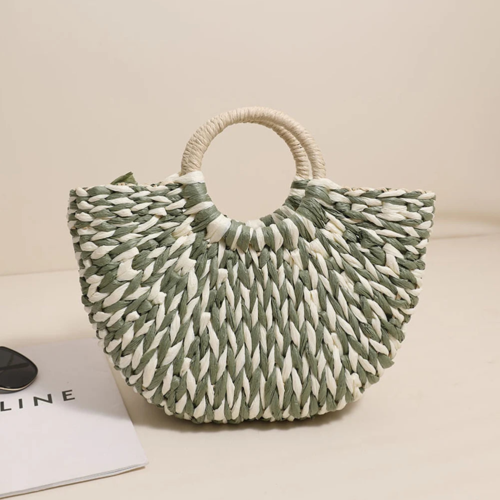 Women Straw Tote Handbag Large Capacity Half-Round Handbag Color Clash Semicircle Weaving Bag Summer Beach Handbag