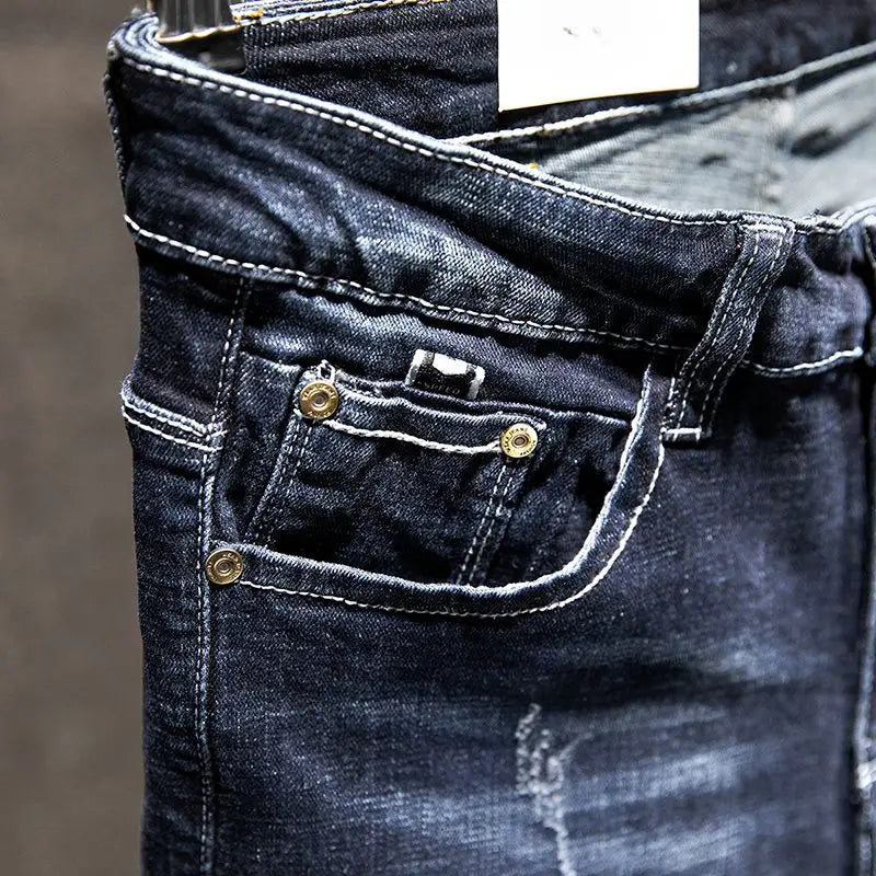 American High Street Men's Jeans Trendy Ripped Worn-out Hole Punch Elastic Straight Cut Slim Fit Streetwear Pant for All Seasons