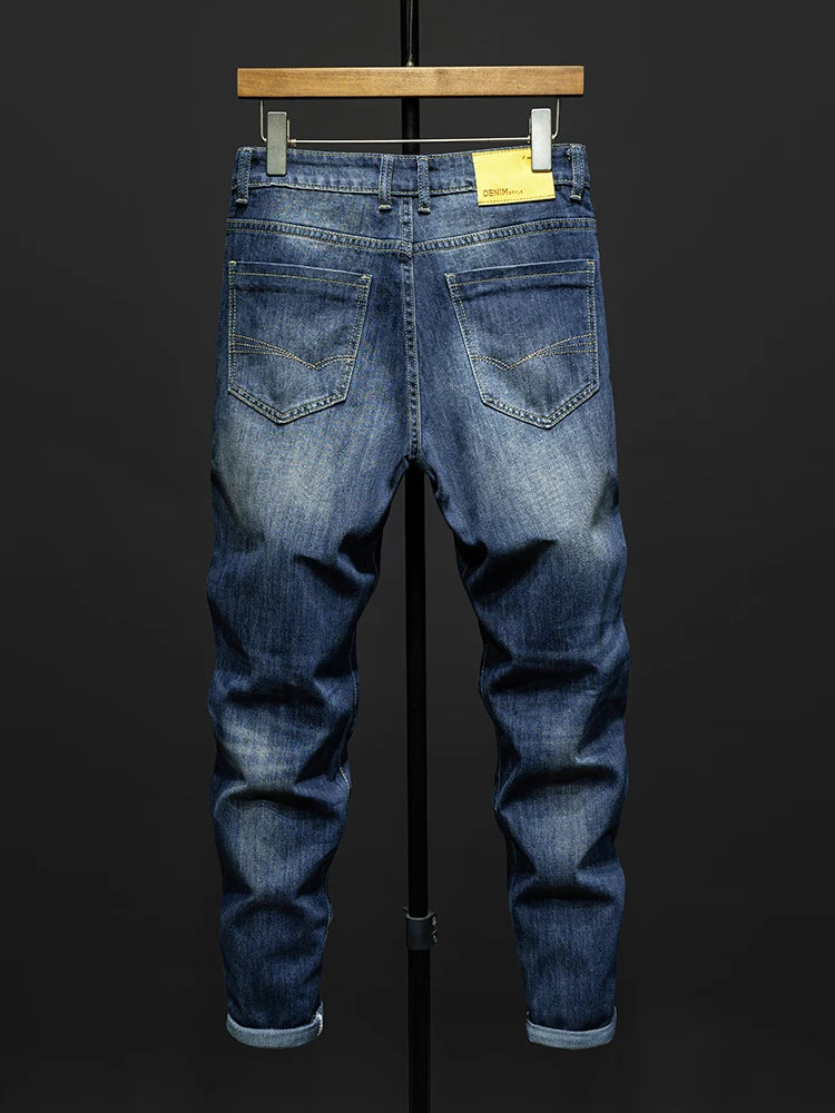 Autumn New Men's Vintage Blue Slim Stretch Jeans Fashion Korean High Street Denim Pants Hip Hop Streetwear Quality Male Trousers