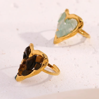 Stainless Steel Rings Plated 18k Gold Color Statement Jewelry Natural Stone Adjustable Waterproof Daily Rings For Women Gift