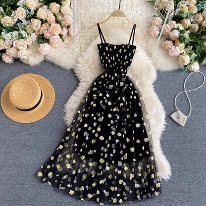 Women Dress 2025 New Summer Fashion Fairy Mesh Party Dress Korean Pop Floral Print Vacation Beach Dress Streetwear Sundress