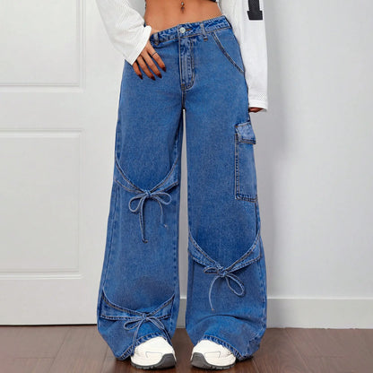 Fashionable lace-up straight-leg jeans. Women's four seasons new Design sense casual loose high-waisted workwear wide-leg jeans