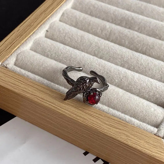 Black Raven Ring Gothic Horror Handmade Artisan Rings Promise Red Cubic Zirconia Adjustable Rings Jewelry Gift for Women Men
