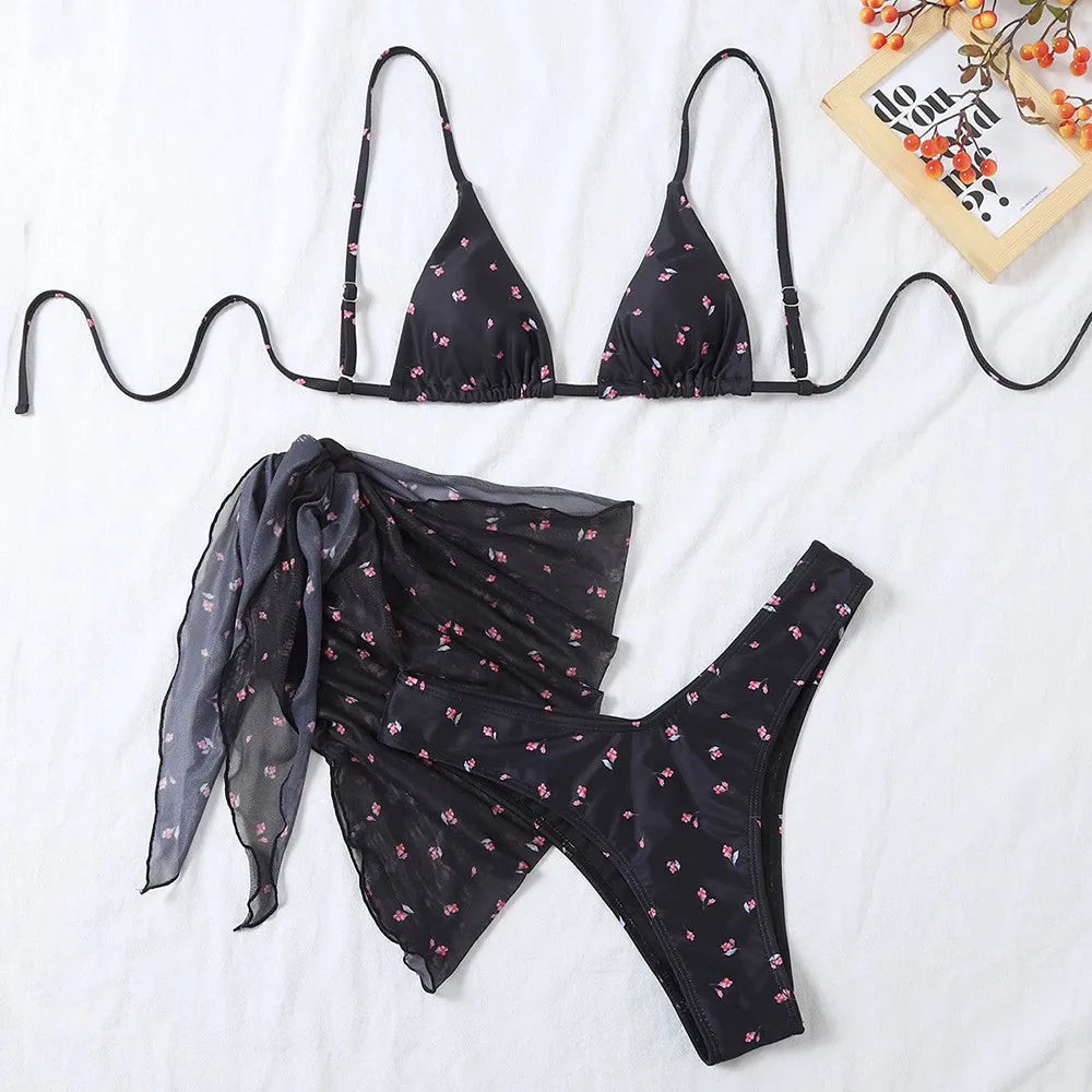 Yellow Floral Print Swimwear Mesh Cove Ups 3 Piece Bikini Set Damen Sexy Swimsuit Women 2025 Beach Wear Bikinis Swimming Wear