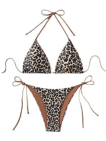 Sexy Leopard Print Two Piece Swimsuit Set Triangle Bra Suspender Halter Backless Bikini Set Beach Vacation Lace-up Swimwear 2025