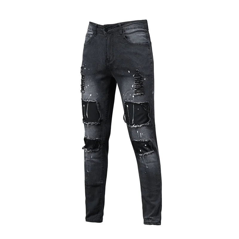Black 90% Cotton Men Retro Wash Distressed Stretch Ripped Jeans Tight Hole PATCH Denim Pantalones Printing Zipper Joggers