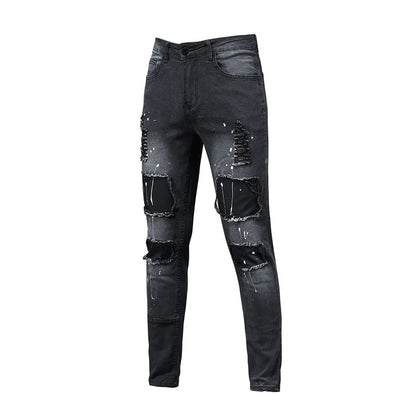 Black 90% Cotton Men Retro Wash Distressed Stretch Ripped Jeans Tight Hole PATCH Denim Pantalones Printing Zipper Joggers