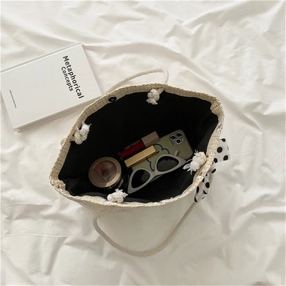 Summer Women Straw Woven Shoulder Bag Straw Bag Flower Embroidery Lace Beach Handbags Casual Ladies Large Capacity Totes Pouch