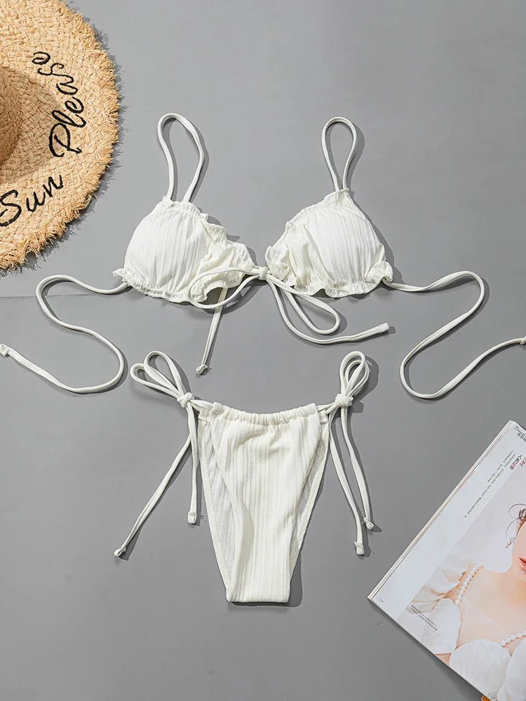 New  Sexy Swimsuit Pit stripe Bikini Women Swimwear  Bathing Suits Push Up Biquinis Bandage Beachwear Solid Bikini Sets