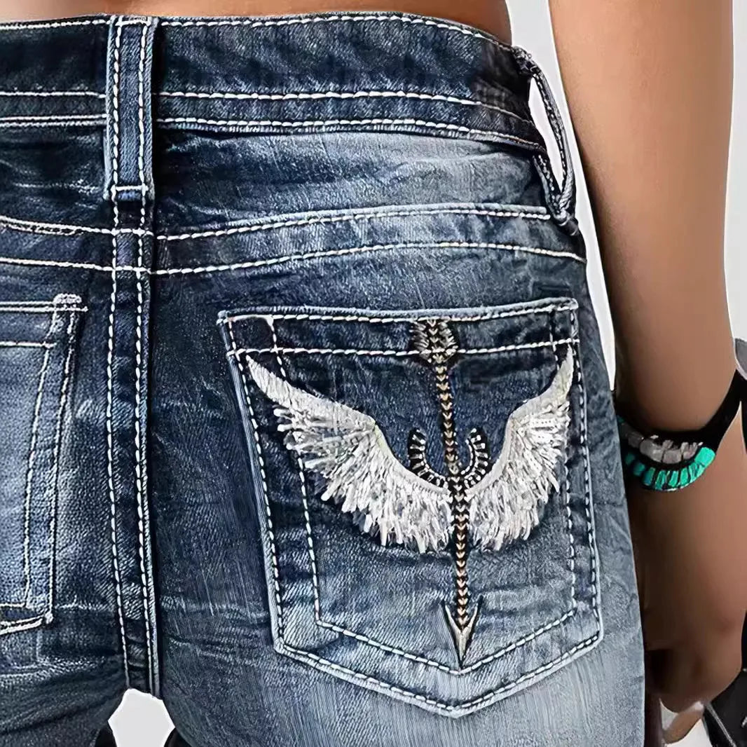 Women Embroidery Pockets Distressed Jeans Mid Waist Stretch Slim Fit Pants Vintage Denim Trousers Autumn Female Streetwear