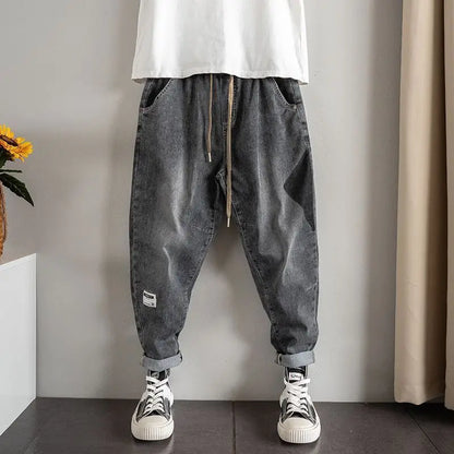 Trendy Harajuku Fashion Korean Men's Drawstring Denim Jeans Casual Pants with Patchwork and Loose Fit Kpop Baggy Cargo Trousers