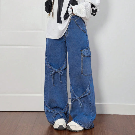 Fashionable lace-up straight-leg jeans. Women's four seasons new Design sense casual loose high-waisted workwear wide-leg jeans