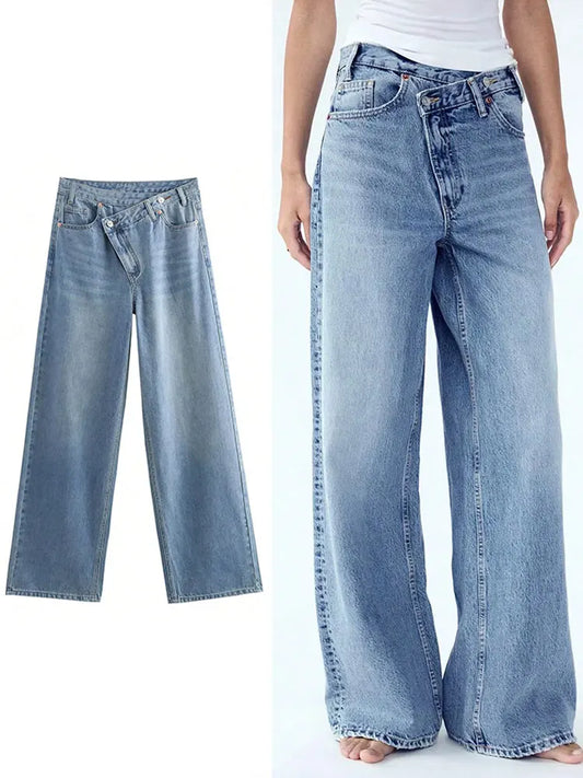 TRAFZA Women 2025 Fashion Straight Jeans Vintage Solid Casual High Waist Wide Leg Denim Pants High Street Lady Trousers Jeans