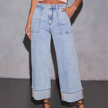 2025 Four Seasons New Stretch Jeans, Washed High-waisted Jeans, Fashionable, Casual, Trendy, Versatile Wide-leg Pants for Women