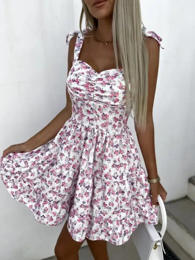 Summer Fashion Flower Print Waist Pleated Dress For Women Y2k Casual Vacation Beach Sundress Spaghetti Strap Mini Dress Female