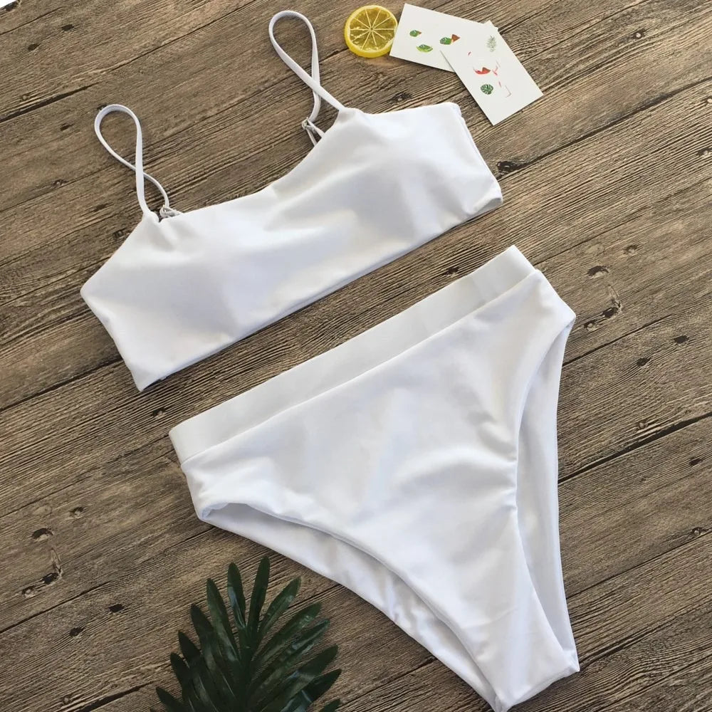 New Bikini High Waist Sling Sexy Bikini Women Swimwear Fashion Swimsuit Padded Bathing Suit Monokin Pure Color Women