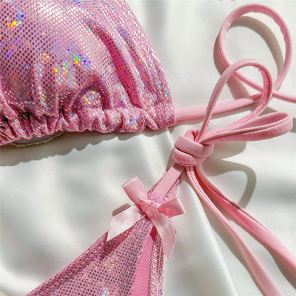 Pink Shiny String Halter Micro Bikini Thong 2025 Sexy Swimsuit Women Holiday Bow Swimwear Bathing Suit Triangle Bikinis Sets