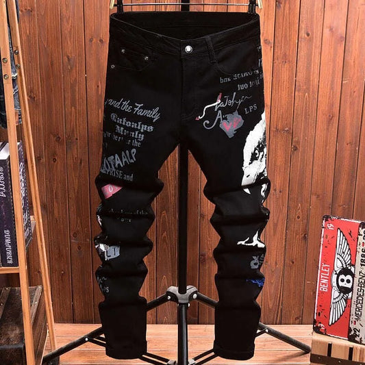 2025 Spring and Autumn New Fashion Trend Printed Black Straight Leg Jeans Men's Casual Comfort Breathable High Quality Pants