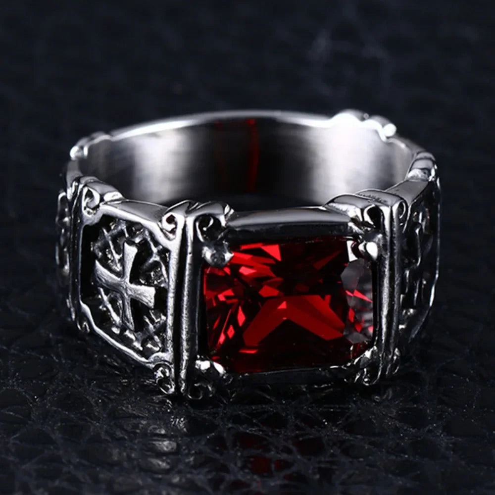 New Fashion Creative Trend Delicate Compact Red Gemstone Cross Pattern Ring Retro Men's Street Party Niche Ring Gift Jewellery