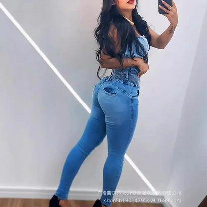 Stretchy Shirred High Waist Skinny Jeans Women Summer Sexy Slim Ankle Length Jeans Denim Pants