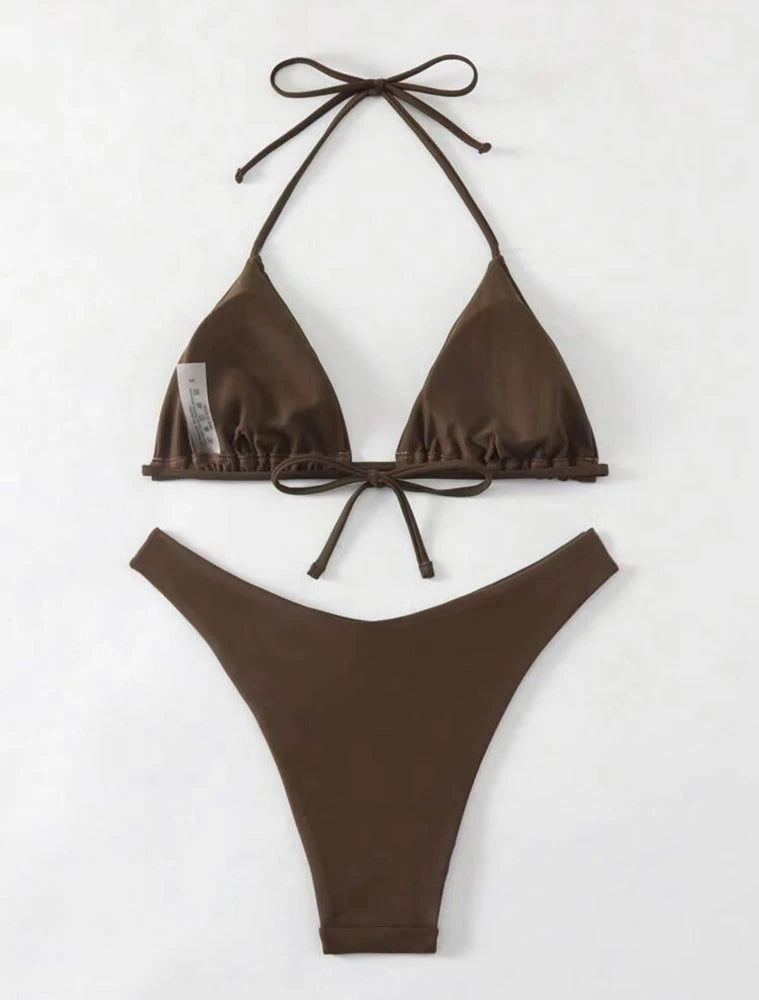 Women Thong Bikini Sexy Solid White/Black/Coffee Halter Swimsuit Lace Up Brazilian Bathing Suit 2025 New Double Fabric Beachwear