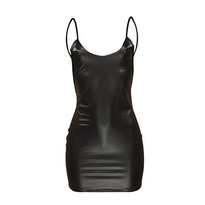 Sexy Faux Leather Dress Backless Club Party Short Dresses Solid Black Wet Look Latex Bodycon Push Up Bra Mini Micro Dress