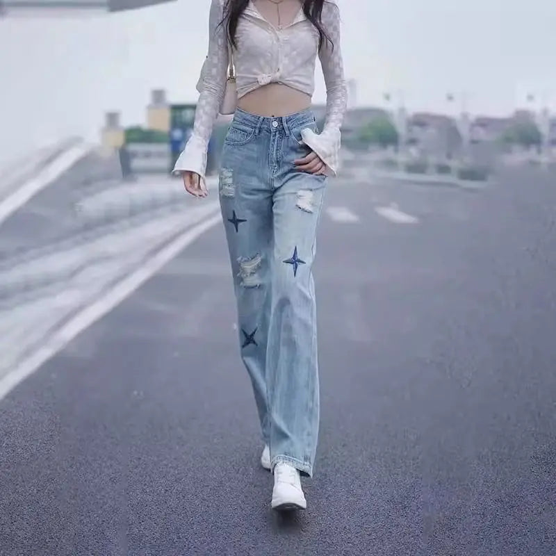 With Holes Trousers Embroidered Cowboy Pants for Woman Straight Leg High Waist Shot Women's Torn Jeans Cheap Japanese Y2k Summer