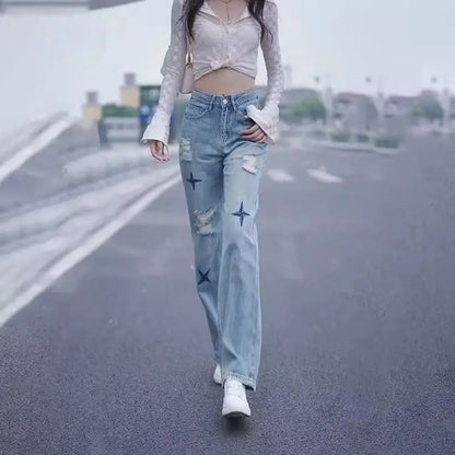 With Holes Trousers Embroidered Cowboy Pants for Woman Straight Leg High Waist Shot Women's Torn Jeans Cheap Japanese Y2k Summer