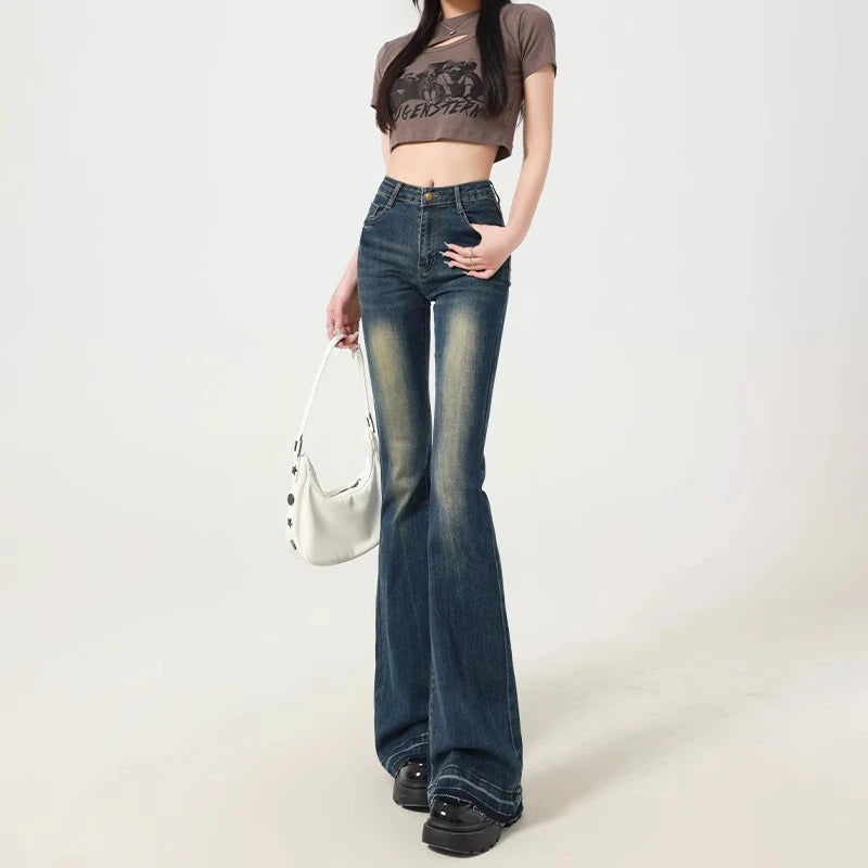 Women's Blue Y2k Flare Jeans Baggy Harajuku Streetwear Aesthetic Denim Trousers Jean Pants Oversize Vintage 2000s Trashy Clothes