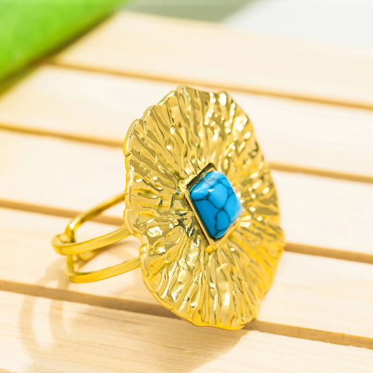 Luxury Natural Stone Stainless Steel Geometric Open Ring Gold Color 18K PVD Plated High Quality France Finger Jewelry