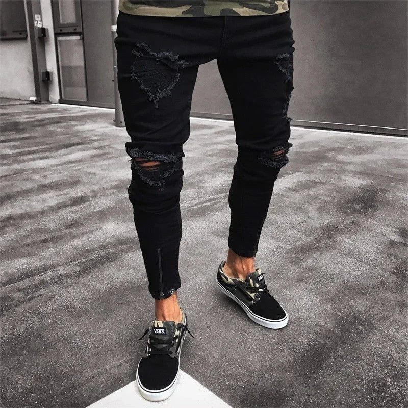 Punk Street Style Ripped Skinny Jeans Men Vintage Wash Solid Denim Trouser Mens Casual Slim Fit Pencil Denim Holes Pants 2025