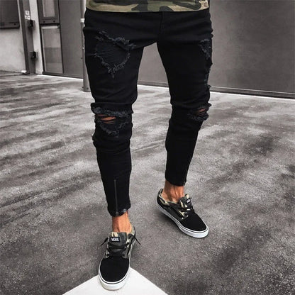 Punk Street Style Ripped Skinny Jeans Men Vintage Wash Solid Denim Trouser Mens Casual Slim Fit Pencil Denim Holes Pants 2025