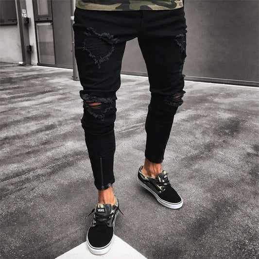 Punk Street Style Ripped Skinny Jeans Men Vintage Wash Solid Denim Trouser Mens Casual Slim Fit Pencil Denim Holes Pants 2025