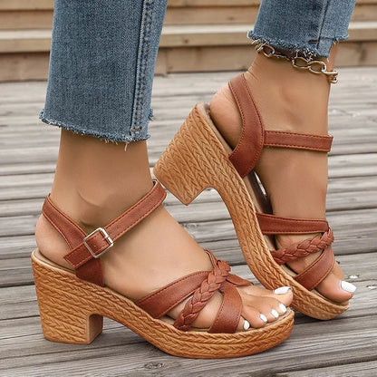 Summer High Heels Sandals Women 2025 Summer Ankle Buckle Platform Sandals Woman Pu Leather Square Heel Gladiator Sandalias Mujer