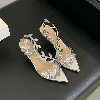 Summer Ladies Silver Heels Fashion Pointed Toe Leaves Party Wedding Gold Heeled Sandals Women