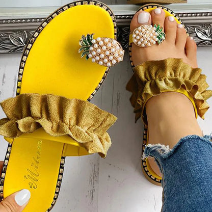 2025 Women Slipper Pineapple Pearl Flat Toe Bohemian Summer Beach Sandals Ladies Shoes plus size Mujer Verano