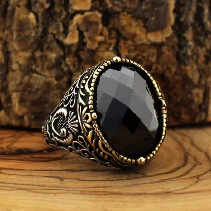 New Copper Material Open Adjustable Ring Black Gemstone Personality High Jewelry Fashion Luxury Business Suitable for Men Gift