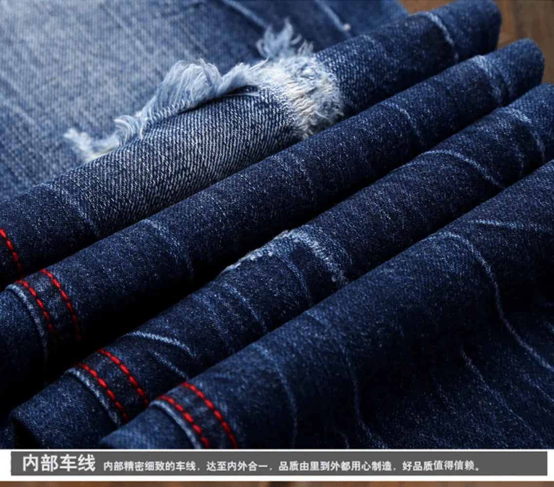 Men Jeans Long Pant Denim Pants Slim Fit Straight Trousers High Waist Solid Regular Button Pocket Splice Casual Autumn 2024