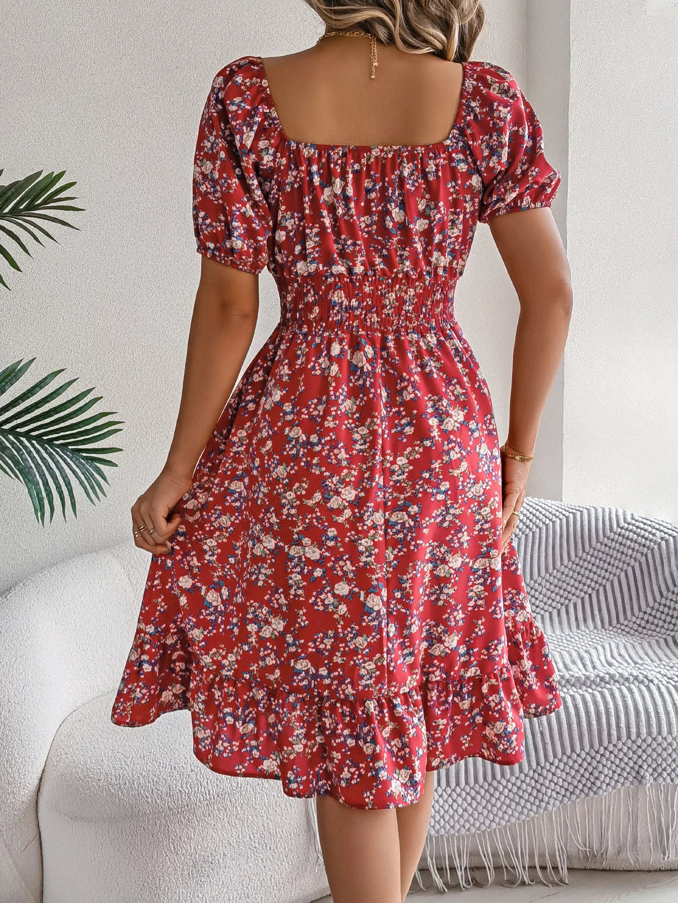 Casual Square Neck Shirred Waist Floral Print Short Sleeve Ruffle Hem Dress For Summer, Women's Clothing